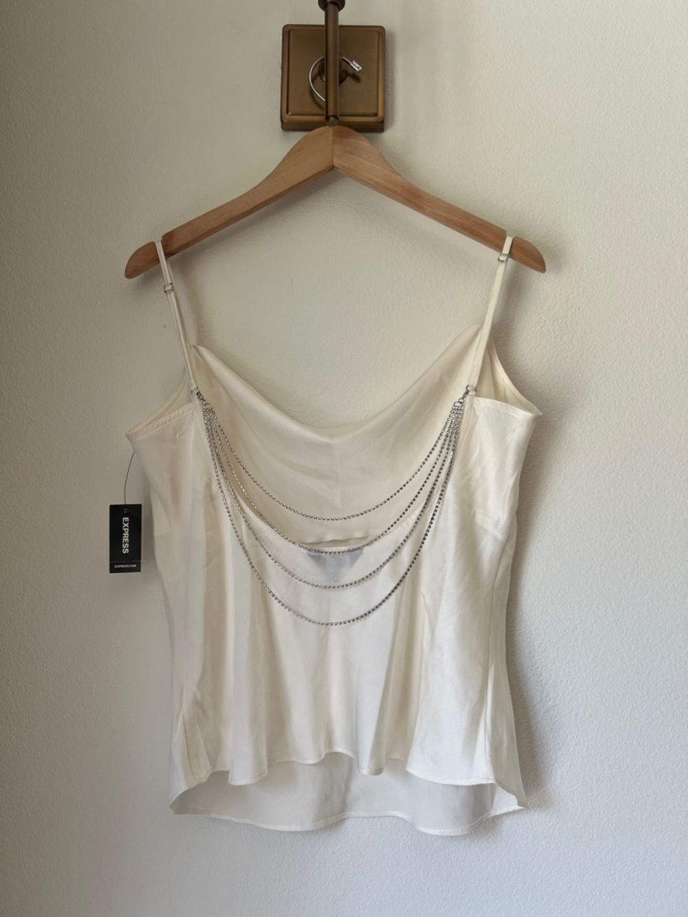 Express Ivory Satin Cowl Neck blouse with chain embellishmed rhinestones